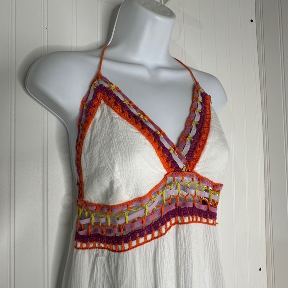 Indigo Rein White Crochet Trim Halter Maxi Dress Boho Festival Beach Size M - Picture 12 of 16